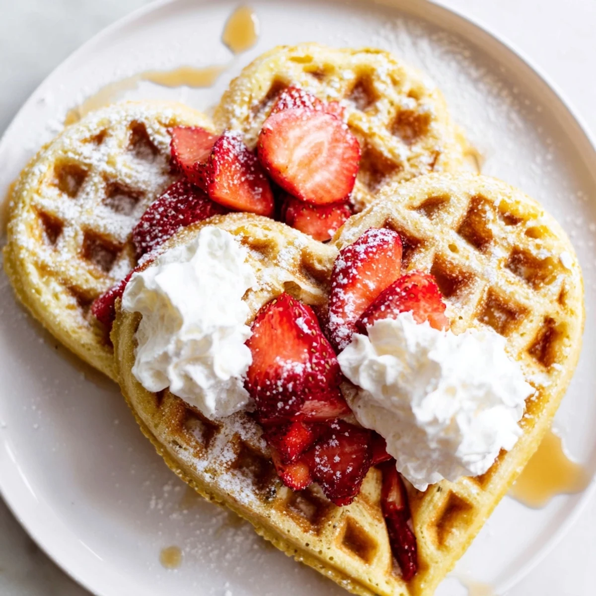 Crisp, golden Sweetheart Heart Shaped Waffles topped with sliced strawberries and a dollop of whipped cream.