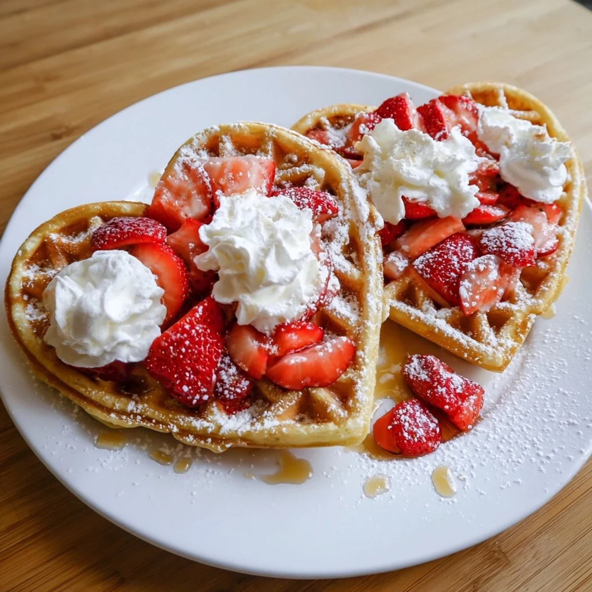 Freshly cooked Sweetheart Heart Shaped Waffles with melted butter and maple syrup for a romantic breakfast.