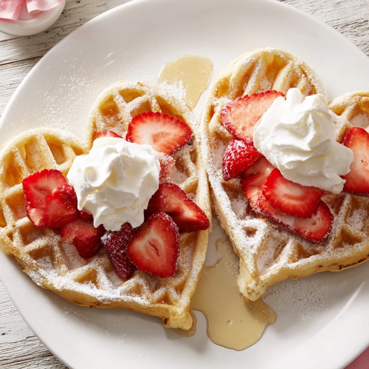 A stack of Sweetheart Heart Shaped Waffles dusted with powdered sugar on a cozy brunch table.