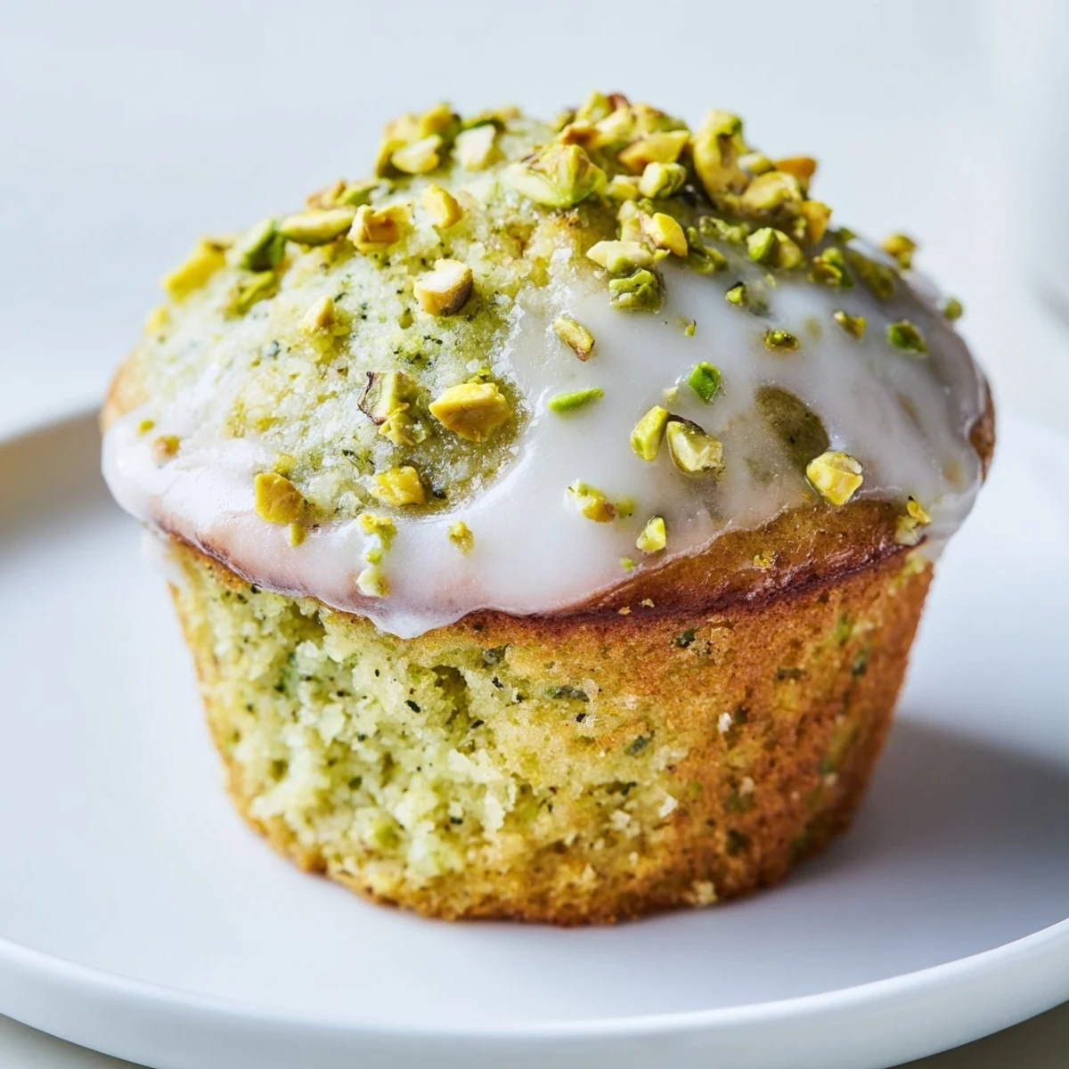 Freshly baked Green Pistachio Muffins with a glossy vanilla glaze and chopped nut garnish on a cooling rack.