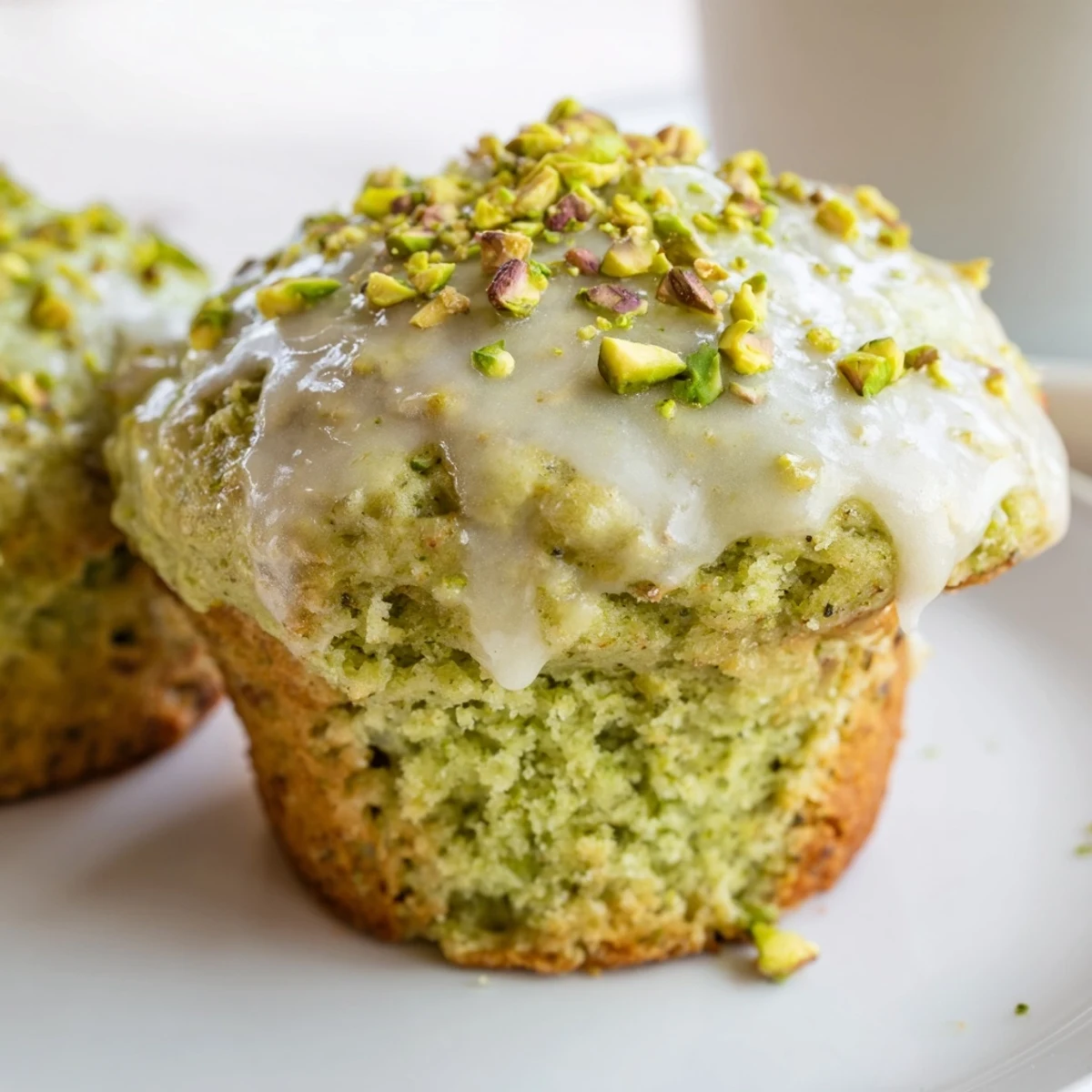 Warm, moist Green Pistachio Muffins topped with sweet glaze, perfect for a cozy breakfast or snack.