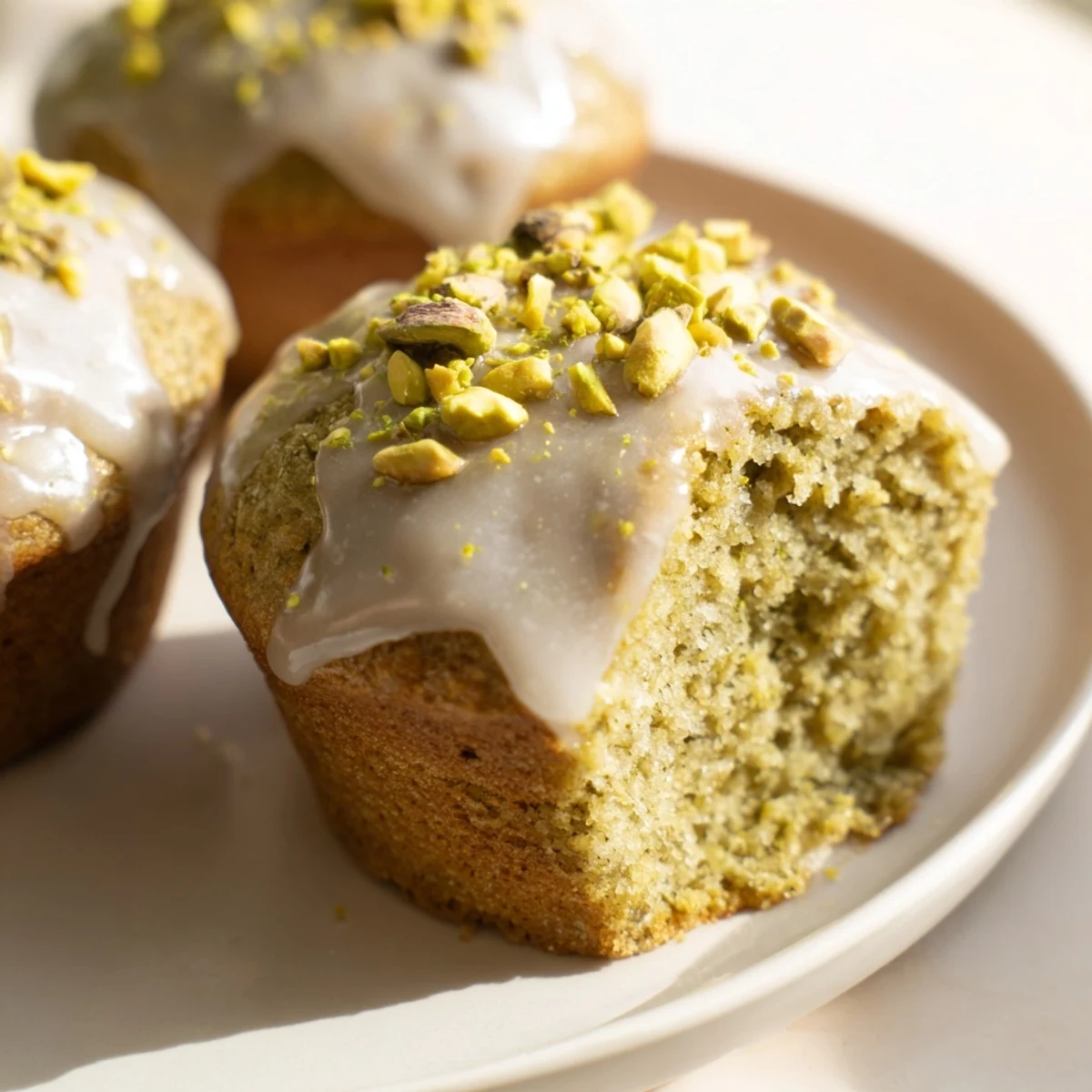 Golden-brown Green Pistachio Muffins with fluffy crumbs and a drizzle of glaze ready to be served.