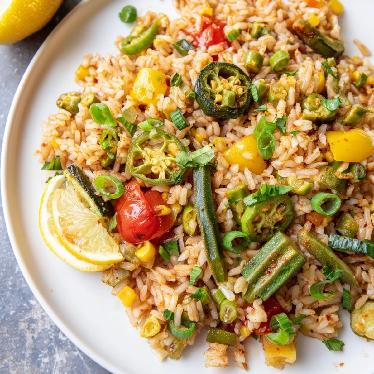 Hearty Mardi Gras Vegetable Jambalaya with tender bell peppers, okra, and fluffy rice, served steaming hot.
