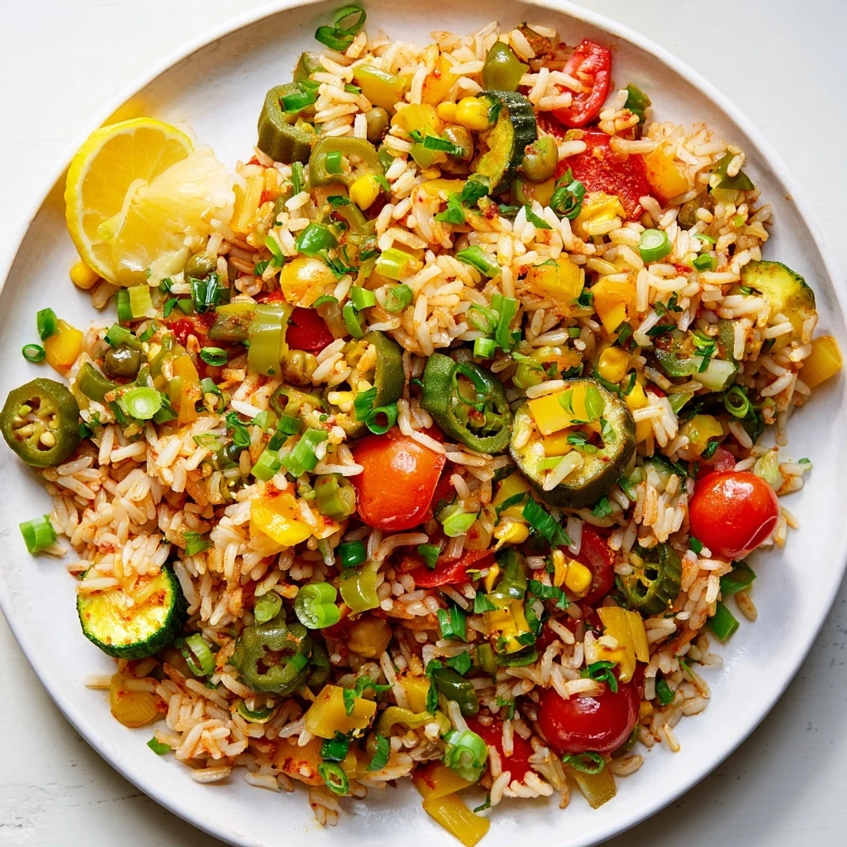 A colorful bowl of Mardi Gras Vegetable Jambalaya garnished with fresh parsley and lemon wedges.
