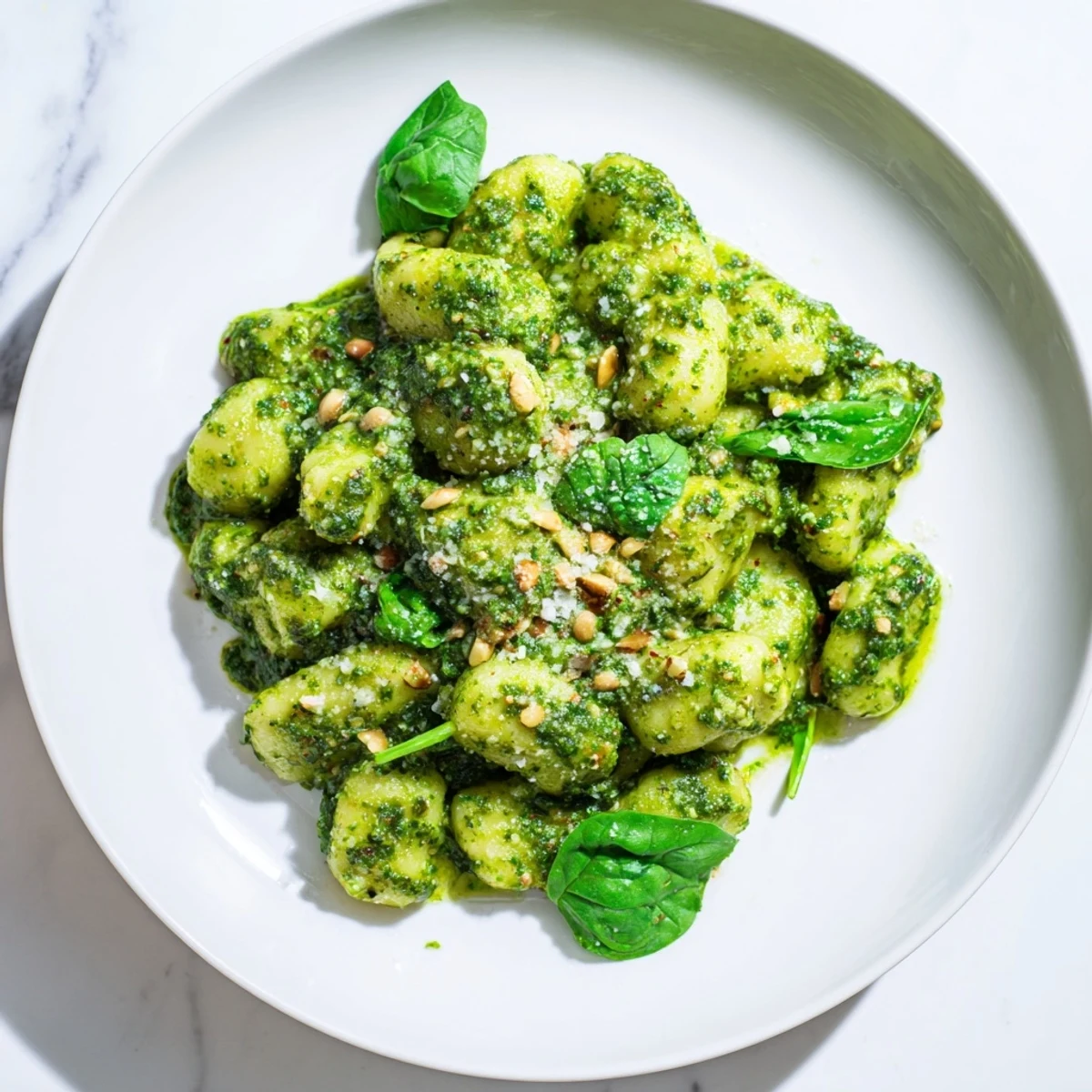 Freshly cooked potato gnocchi and sautéed spinach are coated in a vibrant, bright green pesto sauce, served hot on a white plate with a lemon wedge on the side.