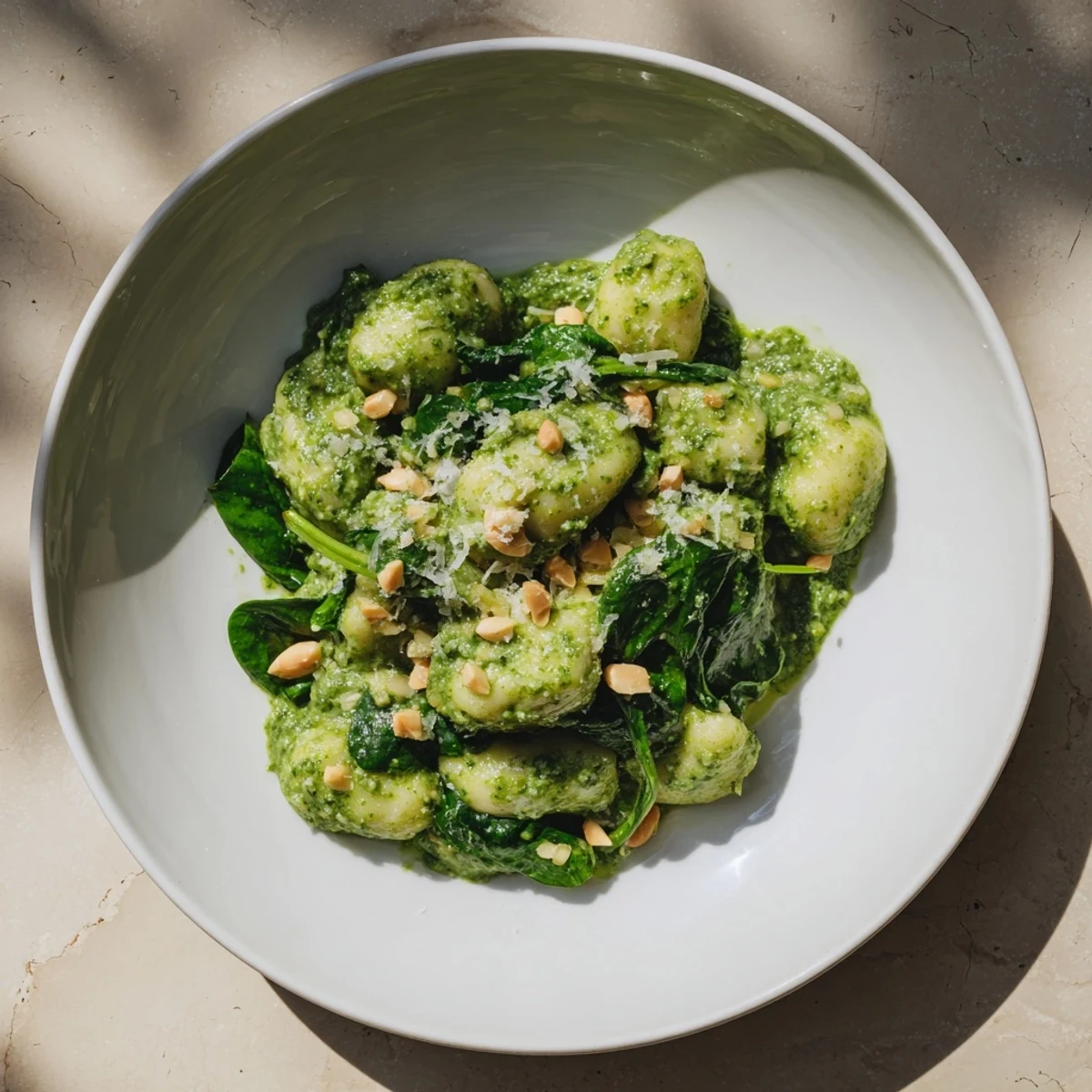 Close-up of a plate of Green Pesto Gnocchi with Spinach, highlighting the glossy basil sauce clinging to each dumpling and the wilted green leaves.