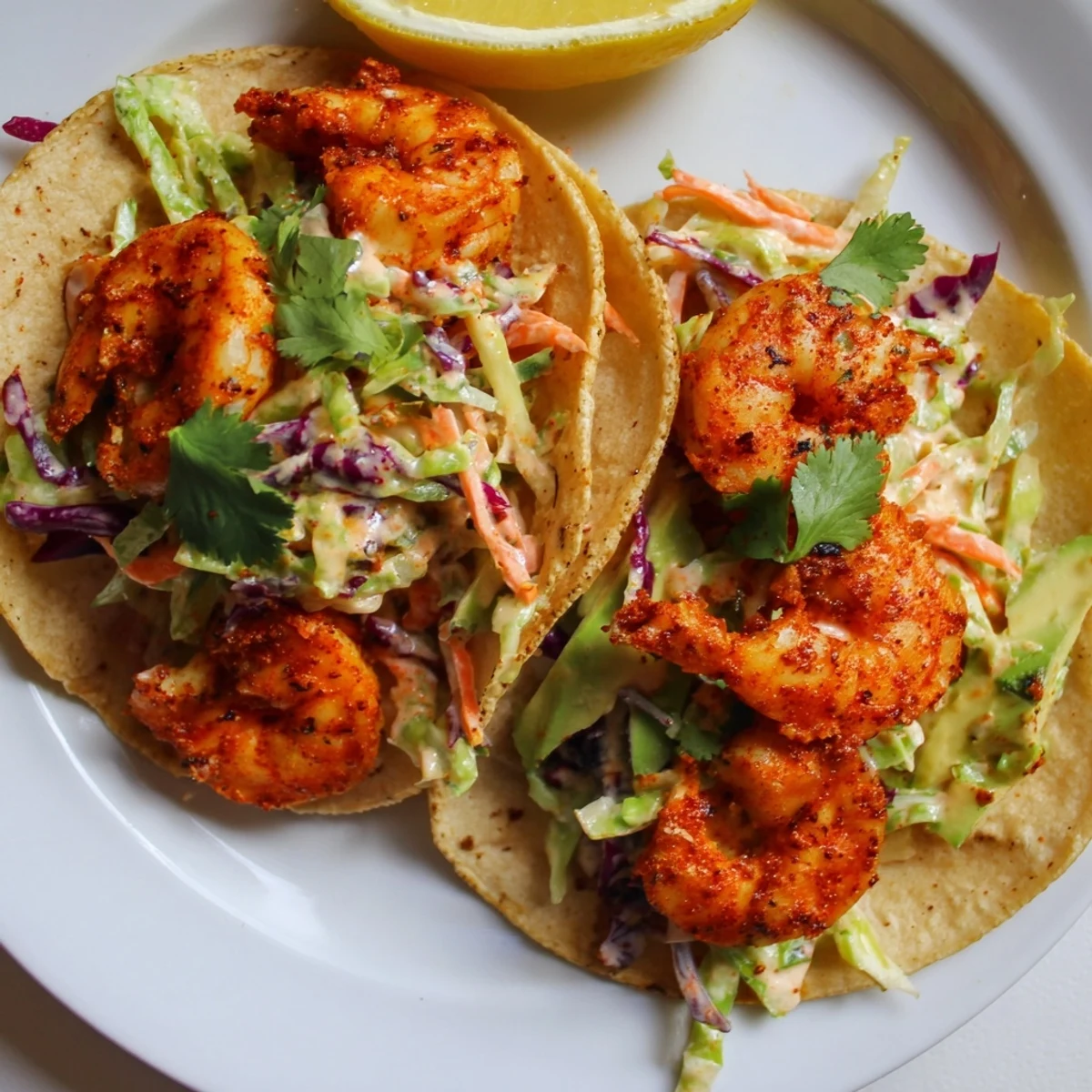 Warm corn tortillas filled with Cajun Shrimp Tacos, topped with creamy slaw and fresh cilantro.