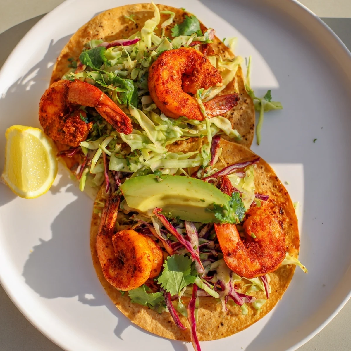 Golden pan-seared Cajun Shrimp Tacos served with lime wedges and avocado slices on a plate.