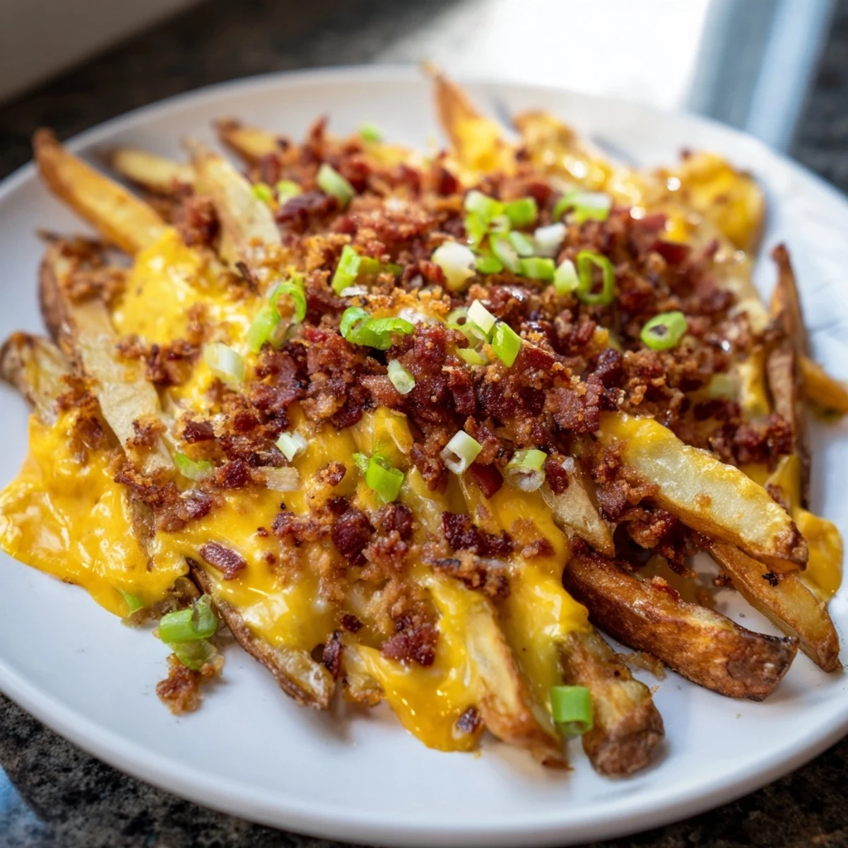 Golden baked Super Bowl Cheese Fries with turkey bacon crumbles and melted cheddar on a platter