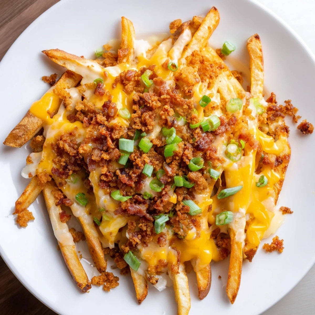 A loaded platter of Super Bowl Cheese Fries featuring gooey Monterey Jack and green onions for dipping