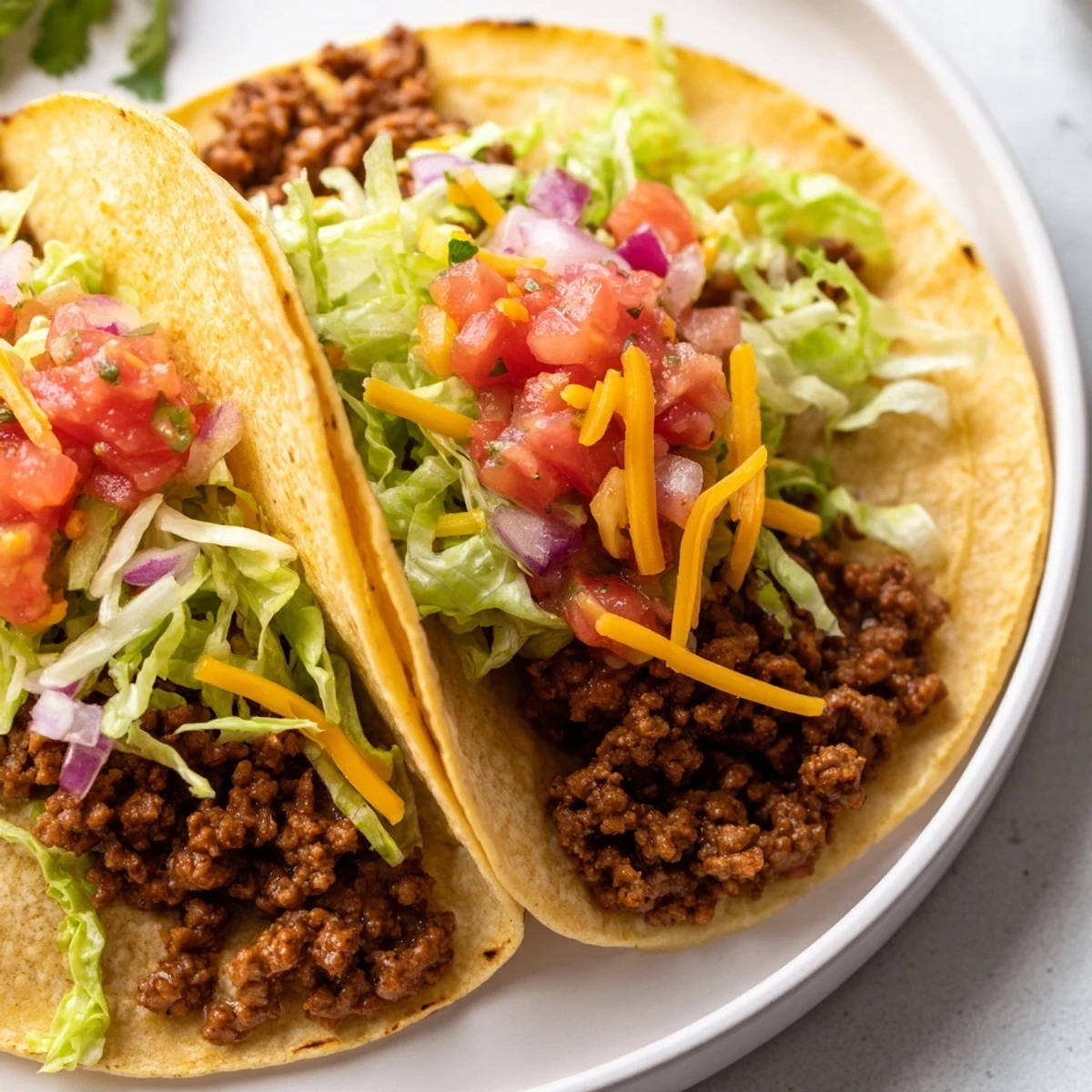 Close-up of Big Game Mini Tacos topped with seasoned beef, shredded cheddar, and fresh salsa on corn tortillas.