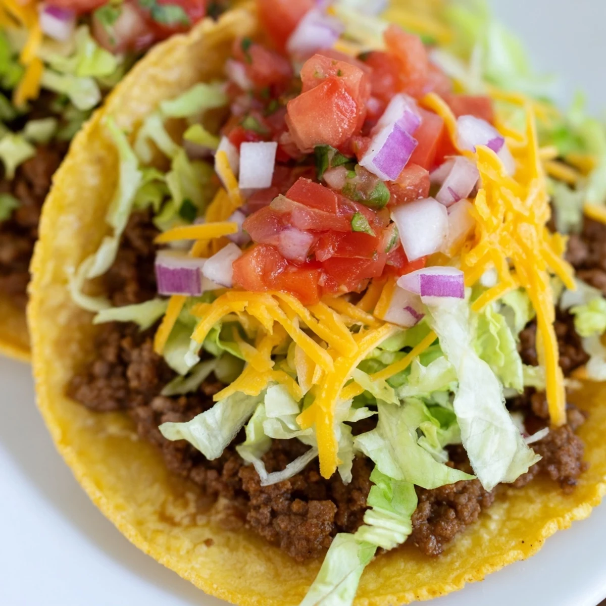 Freshly assembled Big Game Mini Tacos with vibrant red salsa and crisp lettuce, ready to serve at a party.