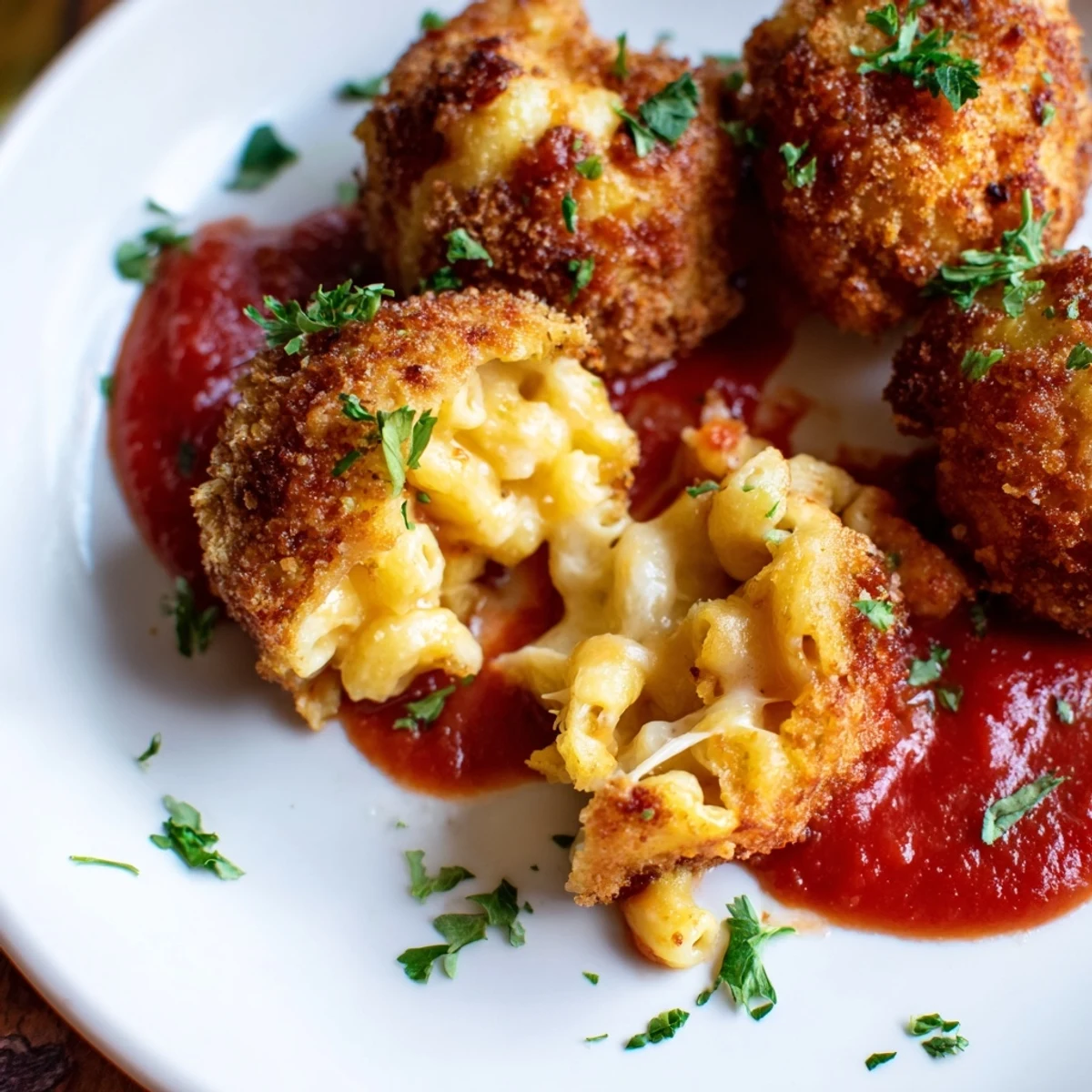 Golden, crispy Fried Macaroni and Cheese Balls with a creamy cheddar and mozzarella center, served warm with marinara sauce.