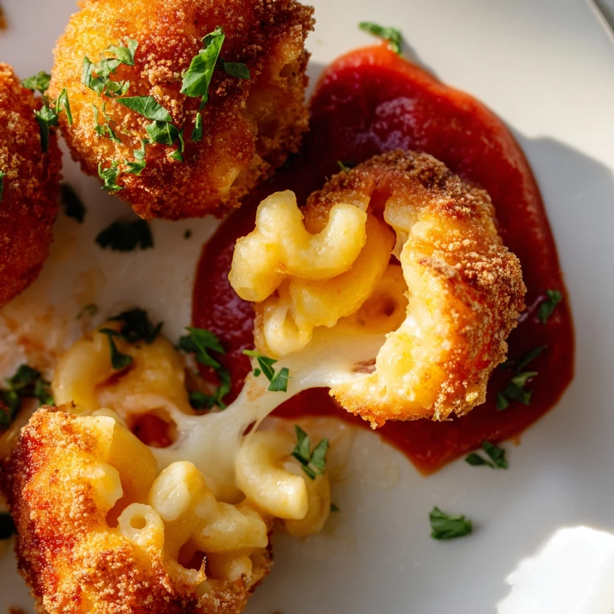 Deep-fried macaroni and cheese balls with crunchy panko crust, perfect as a party appetizer with tangy dipping sauce.