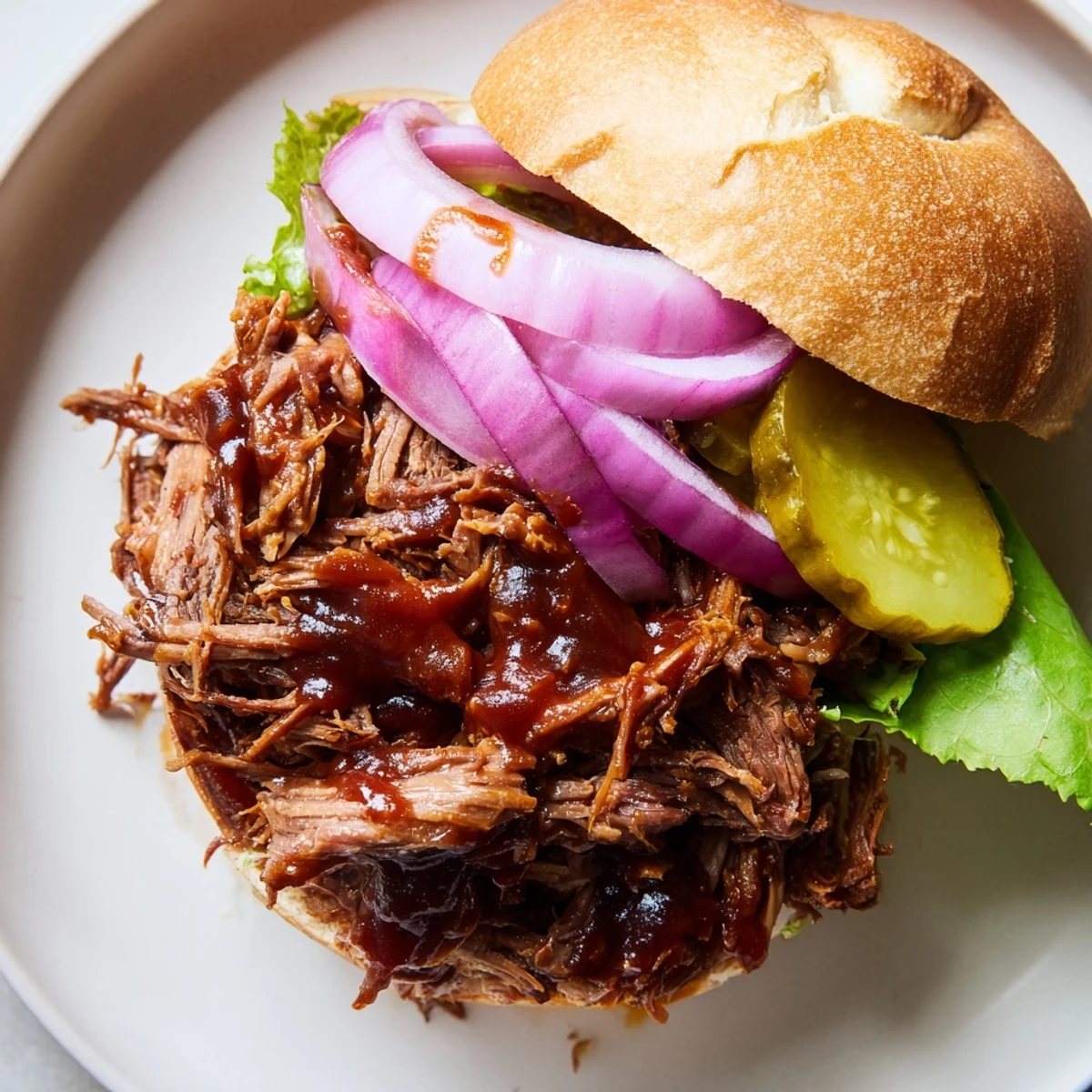 Slow-roasted pulled beef sandwiches with tangy BBQ sauce, piled high on soft buns and topped with fresh pickles and onions.