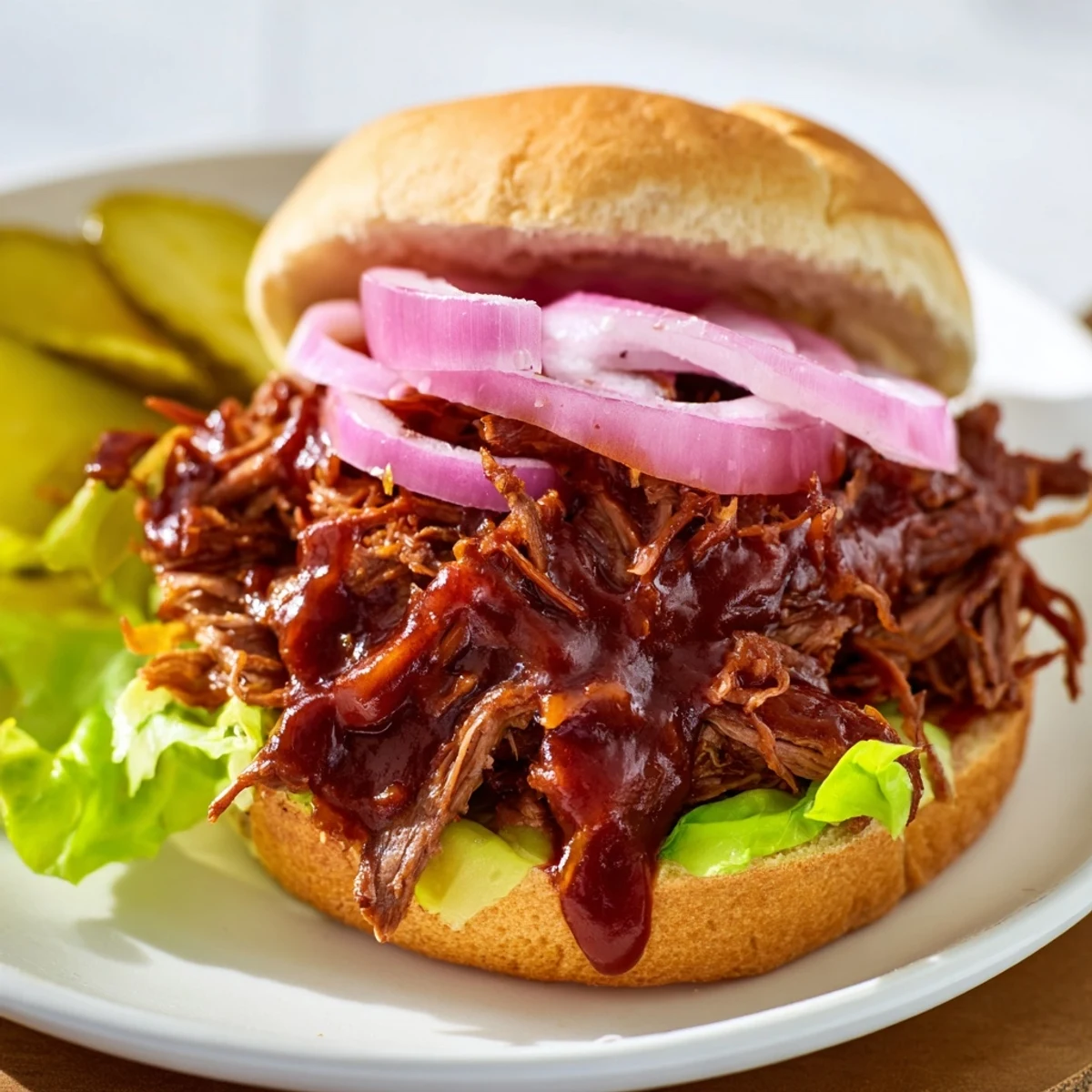 Juicy, shredded beef in a smoky BBQ sauce served on a brioche bun with crisp lettuce for a satisfying bite.