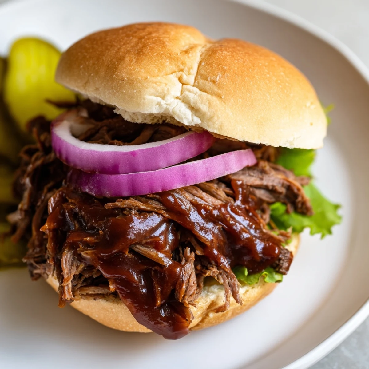 Tender slow-cooked beef piled high on a soft sandwich roll, drizzled with homemade BBQ sauce for a messy, delicious meal.