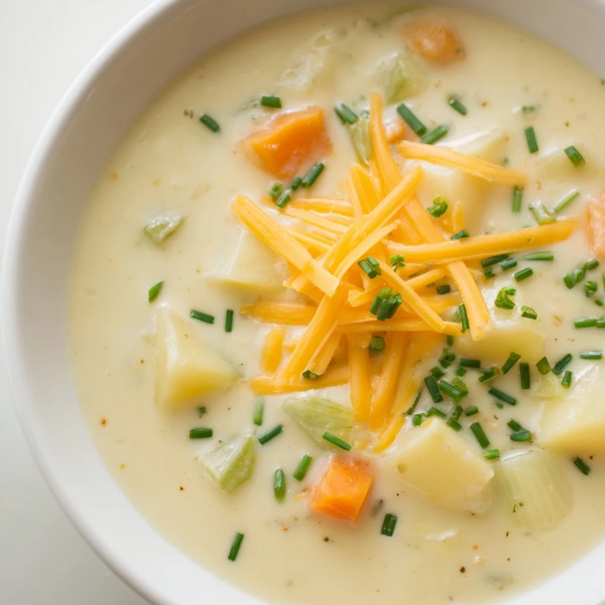 Steaming Irish Potato Soup with Cheddar and Chives, garnished with fresh chives, served beside crusty bread for dipping.