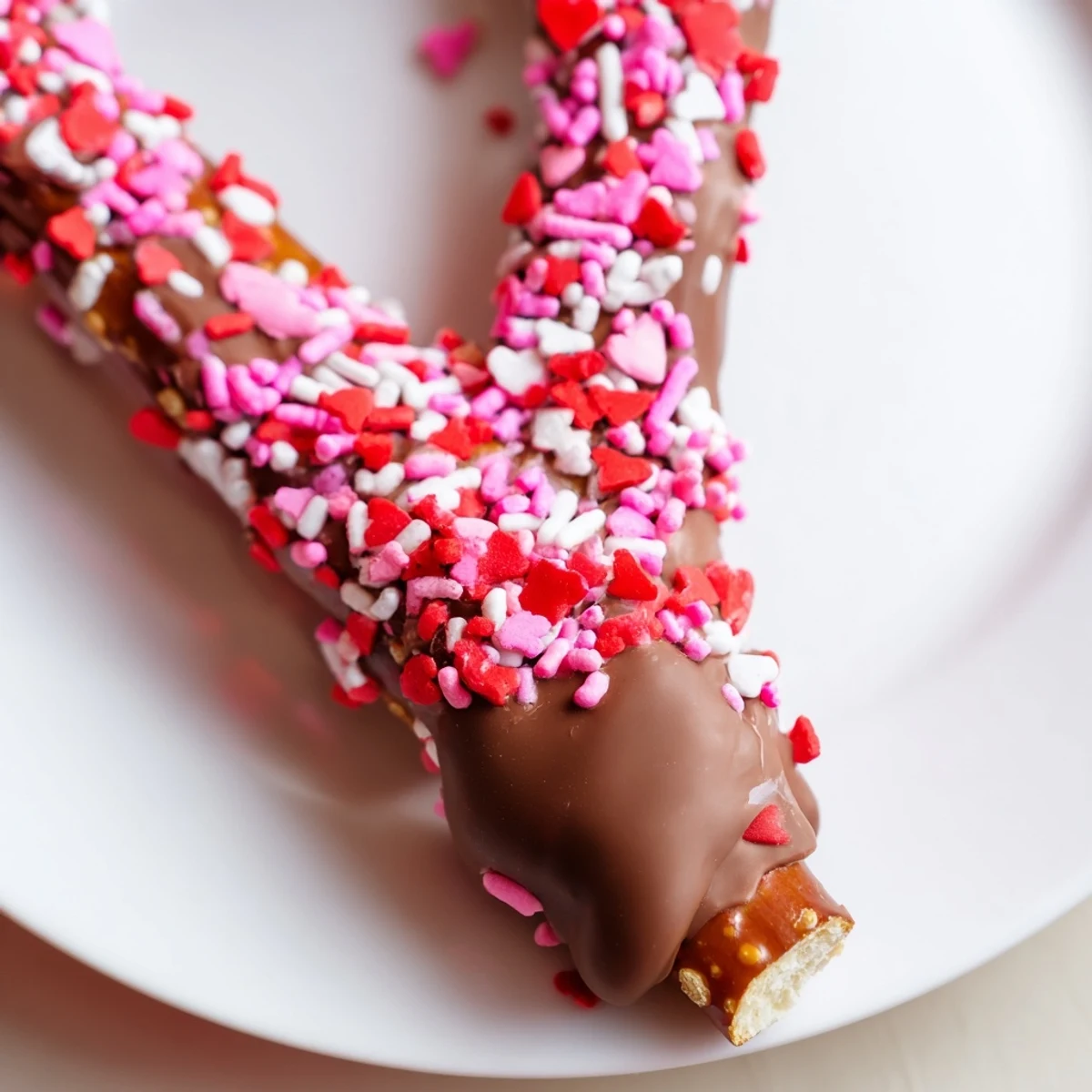 Salted pretzel sticks coated in melted chocolate, topped with colorful heart-shaped sprinkles for a sweet treat.