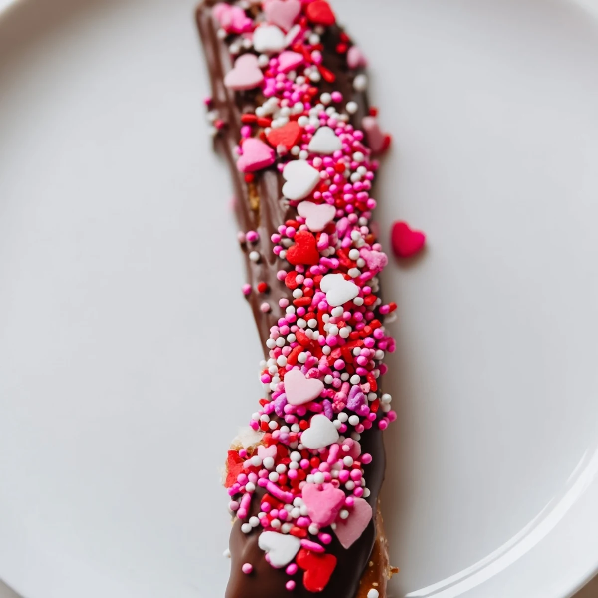 Golden chocolate-dipped pretzel rods with festive Valentine's sprinkles arranged on a white plate.
