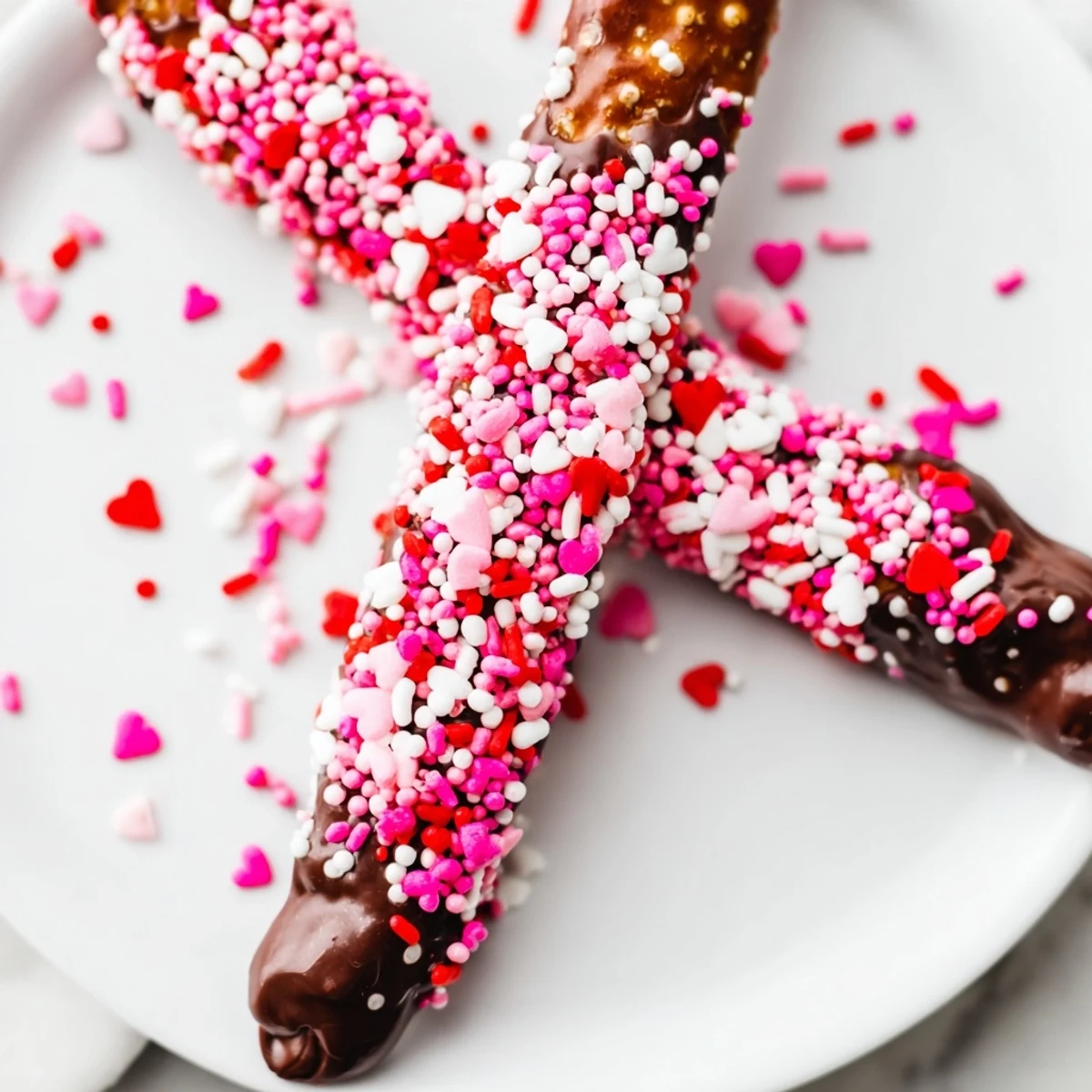 Homemade chocolate-covered pretzels with red and pink sprinkles, stacked on parchment paper ready for Valentine’s Day.