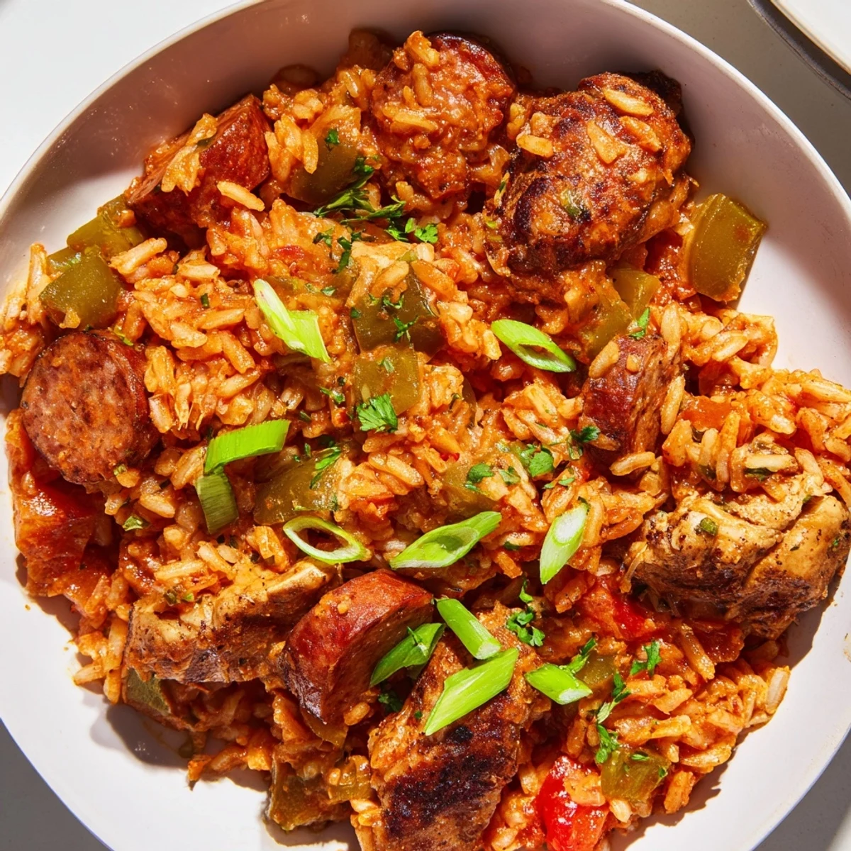 A close-up of Jambalaya with Chicken and Turkey Andouille Sausage served in a white bowl, garnished with fresh parsley.