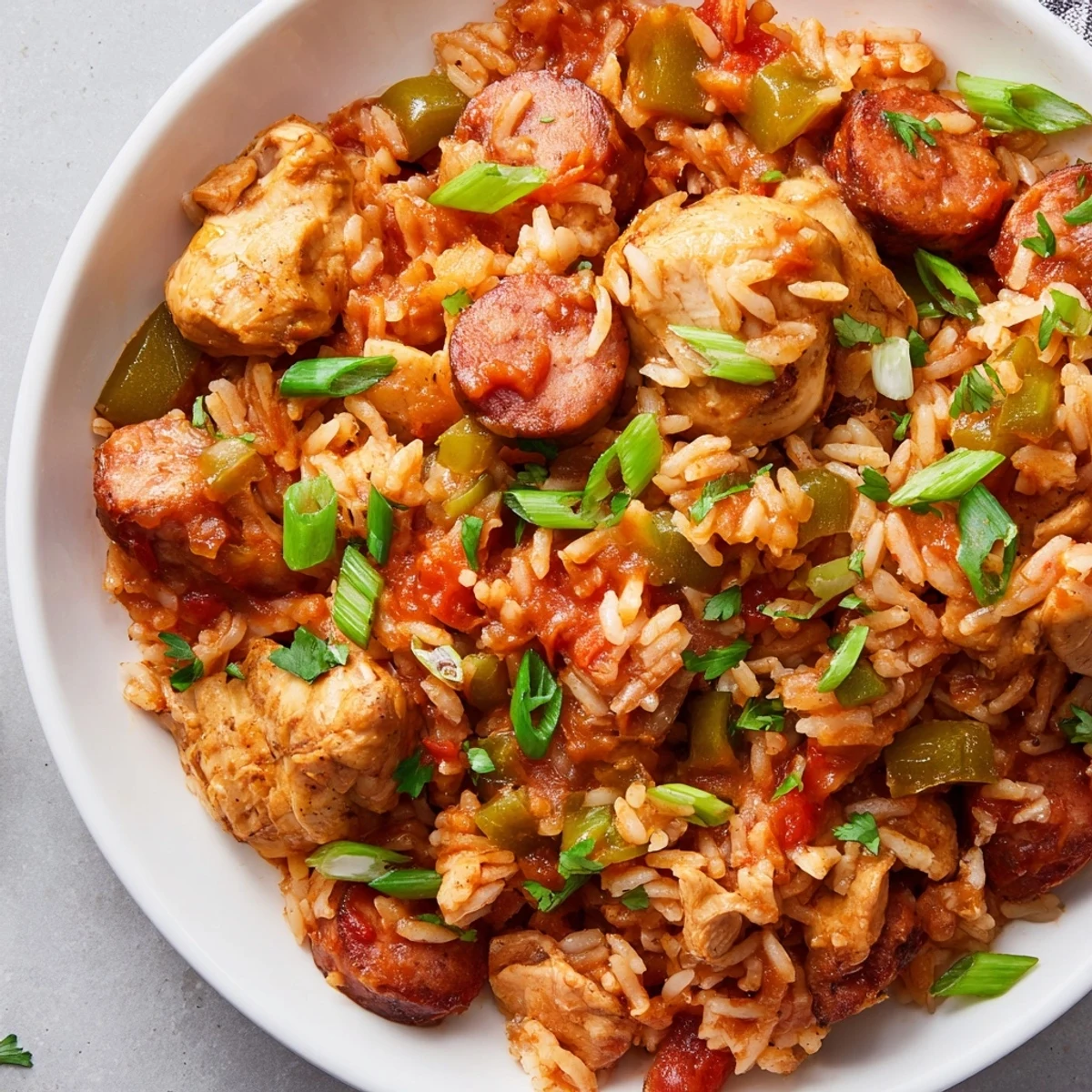 This hearty Jambalaya with Chicken and Turkey Andouille Sausage features tender meat and colorful peppers simmered with rice.