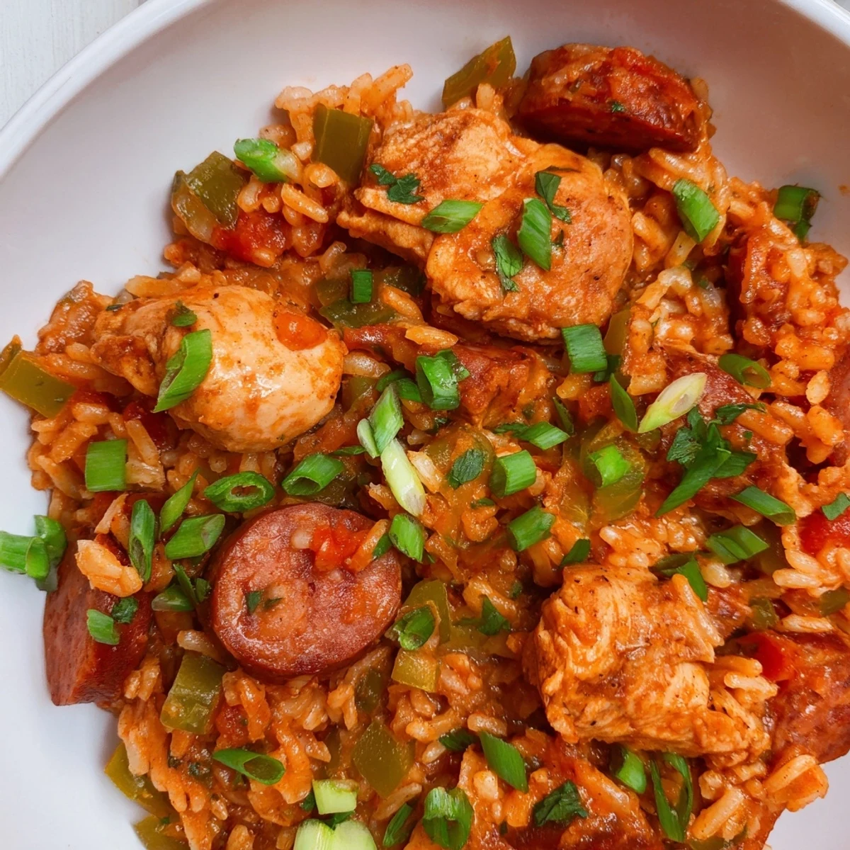 A rustic skillet of Jambalaya with Chicken and Turkey Andouille Sausage, topped with green onions and a side of crusty bread.