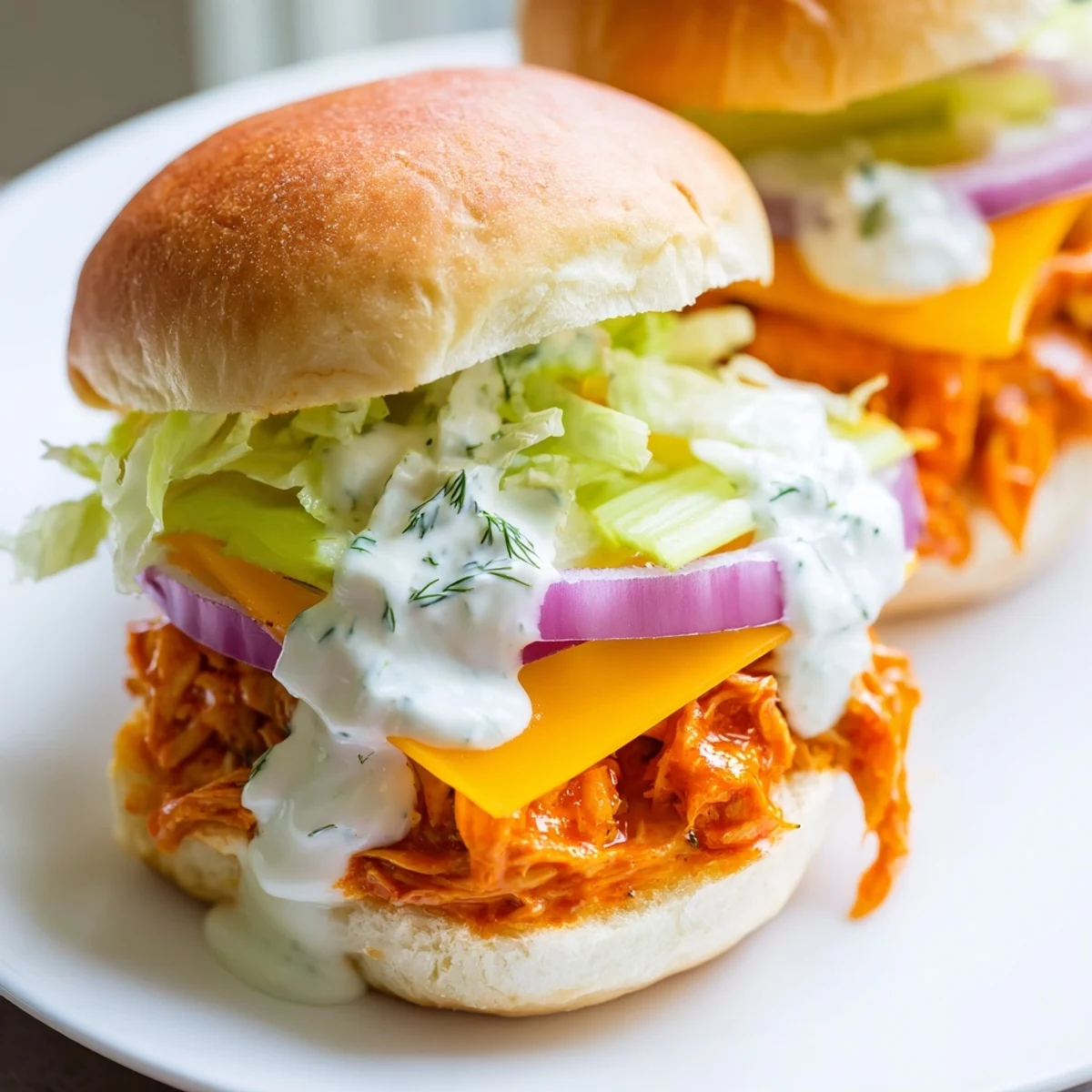 Spicy shredded Buffalo chicken sliders topped with creamy ranch and melty cheddar on warm buns.