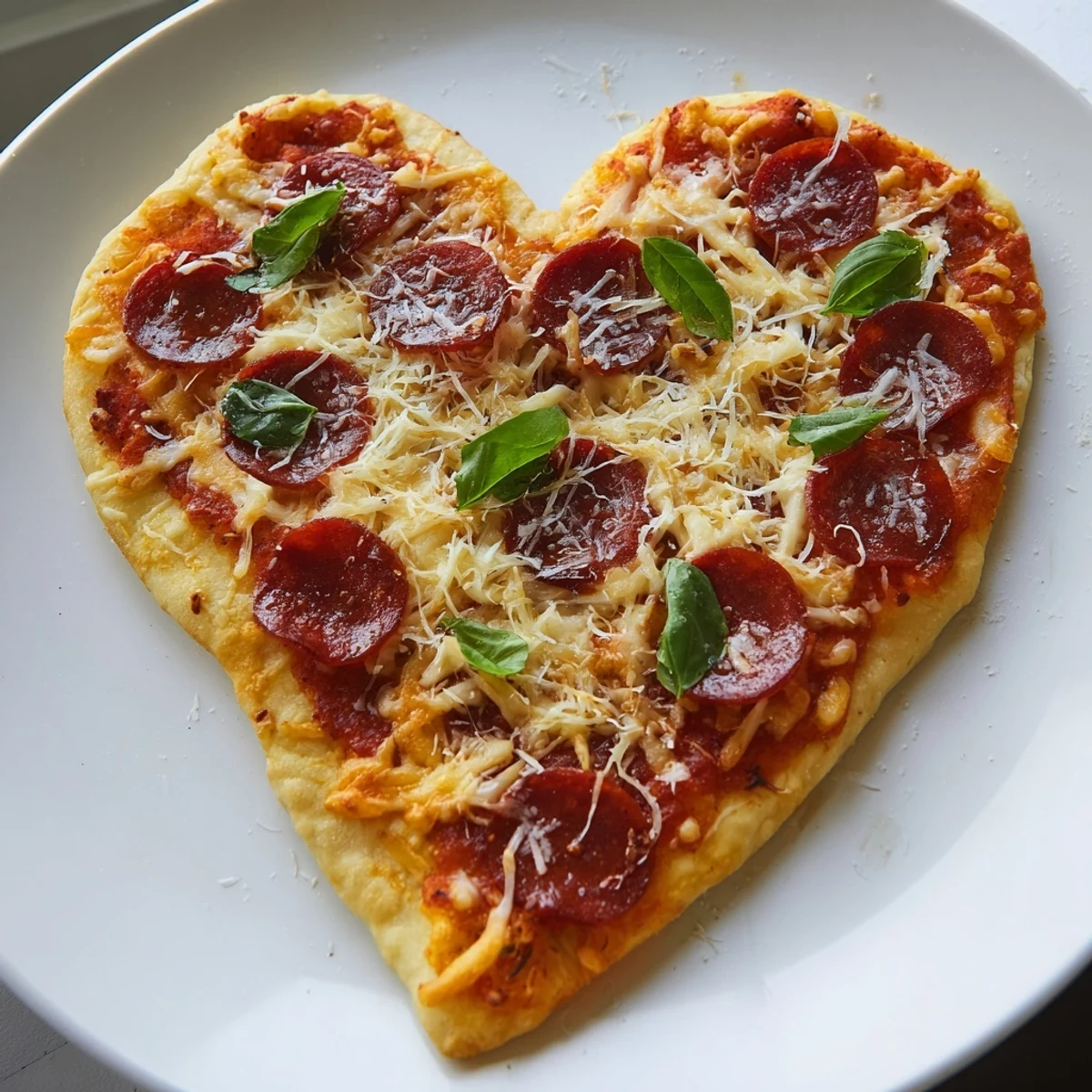 The finished Heart Shaped Beef Pepperoni Pizza rests on a rustic cutting board, showcasing a golden, crisp crust with melted mozzarella and savory pepperoni slices.