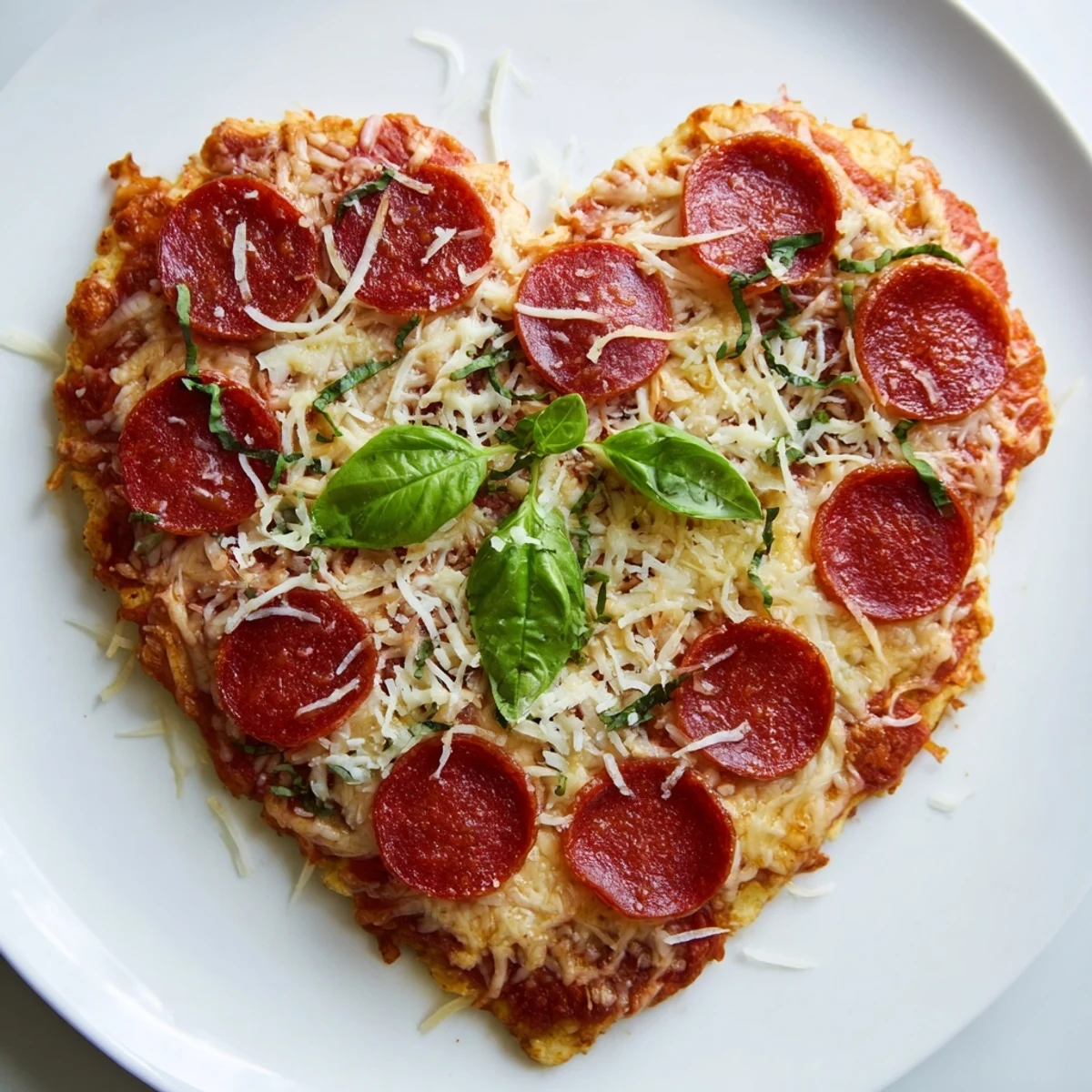 Freshly baked Heart Shaped Beef Pepperoni Pizza displays a heart outline on the crust, with olive oil brushed edges and rich tomato sauce.