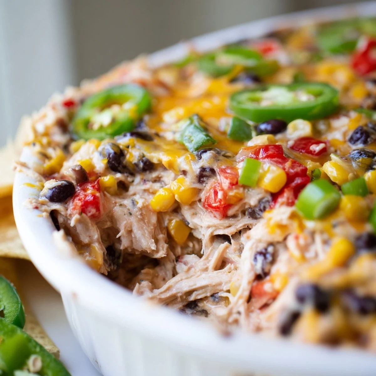 A close view of Chicken Enchilada Dip topped with gooey shredded cheese, ready to scoop with crisp tortilla chips and veggies.
