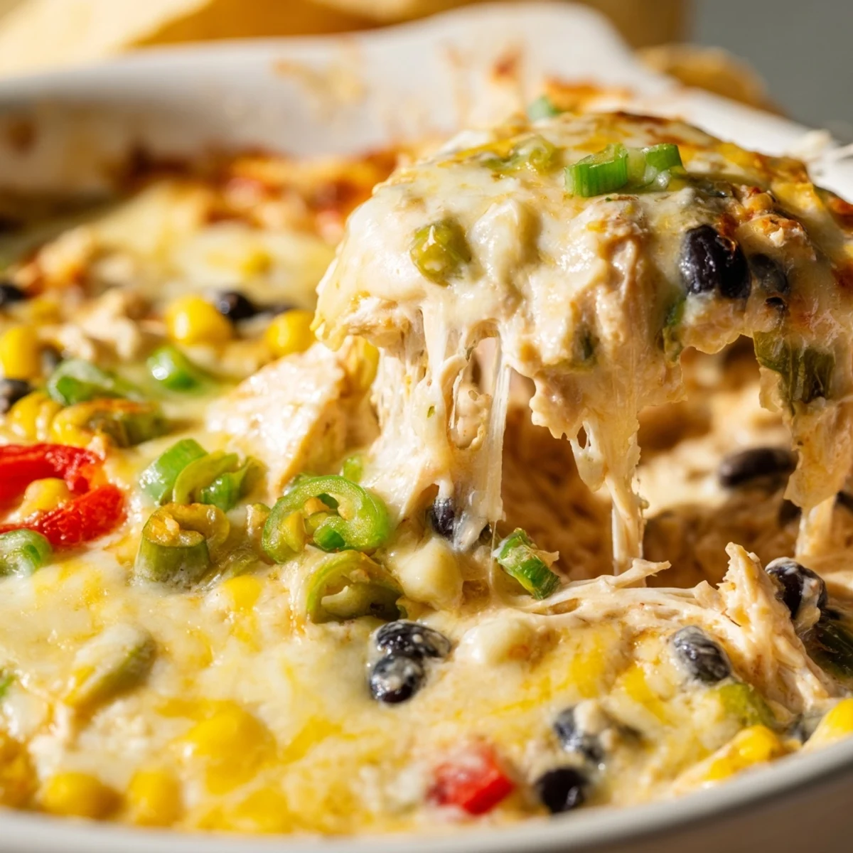A baked Chicken Enchilada Dip with melted cheese, shredded chicken, and red bell pepper, served warm with blue corn tortilla chips.