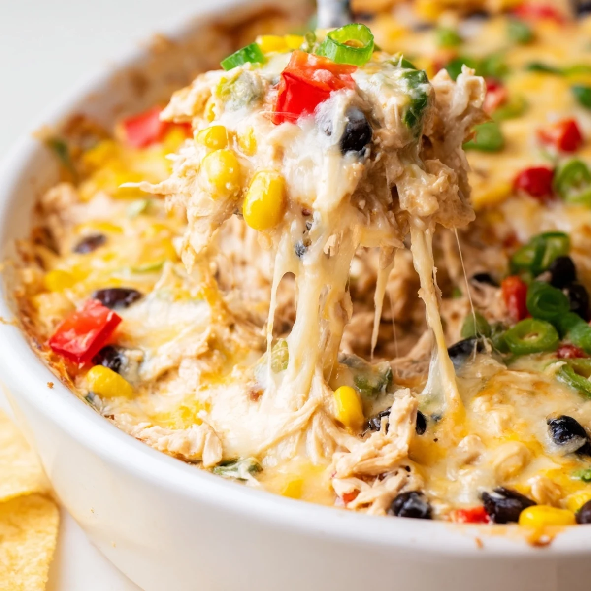 Creamy Chicken Enchilada Dip bubbling from the oven, garnished with fresh cilantro and green onions, perfect for game day snacking.
