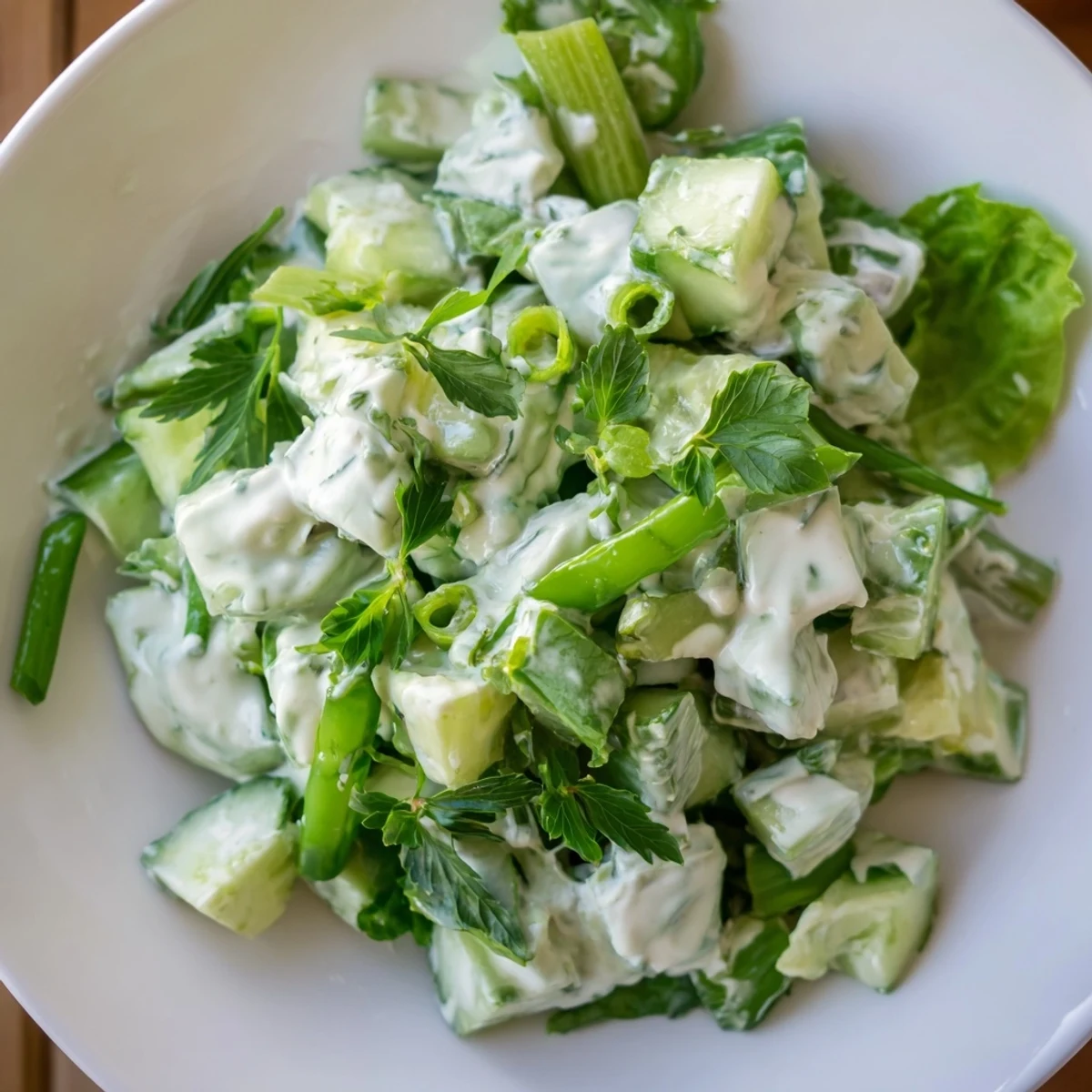 Serve the vibrant Green Goddess Salad with cucumber and avocado as a light lunch or side dish.