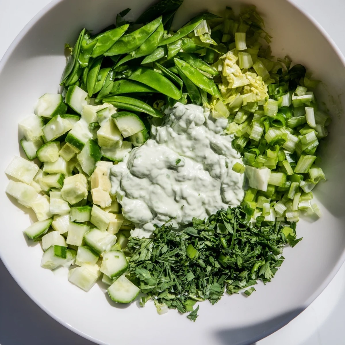 A close-up of chopped romaine, snap peas, and diced avocado tossed in homemade Green Goddess dressing.