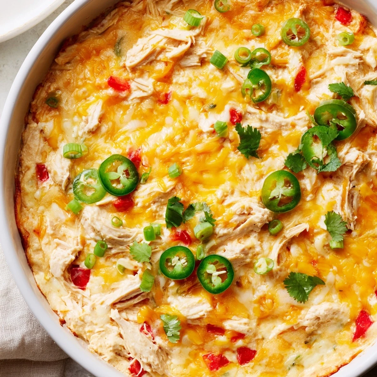 Gooey Chicken Enchilada Dip in a white dish, served warm with crunchy chips and veggies for dipping.