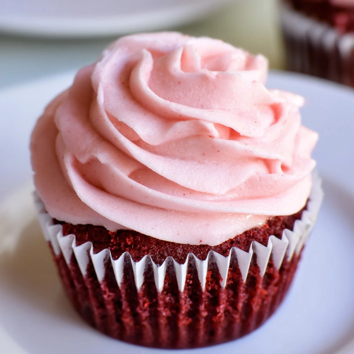 Freshly baked Red Velvet Cupcakes with Pink Cream Cheese Frosting, stacked high on a white plate for a party treat. Moist red velvet cupcakes topped with swirls of pink cream cheese frosting and festive sprinkles, ready to serve. Decadent Red Velvet Cupcakes with Pink Cream Cheese Frosting on a rustic wooden table, perfect for celebrations.