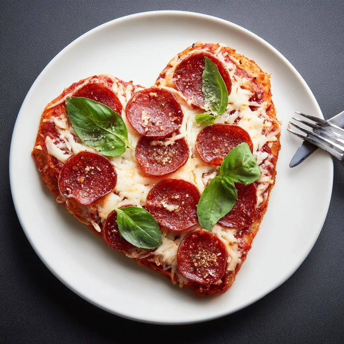 Heart Shaped Beef Pepperoni Pizza with Basil, featuring golden crust, bubbling mozzarella, and fresh basil on a rustic wooden table.