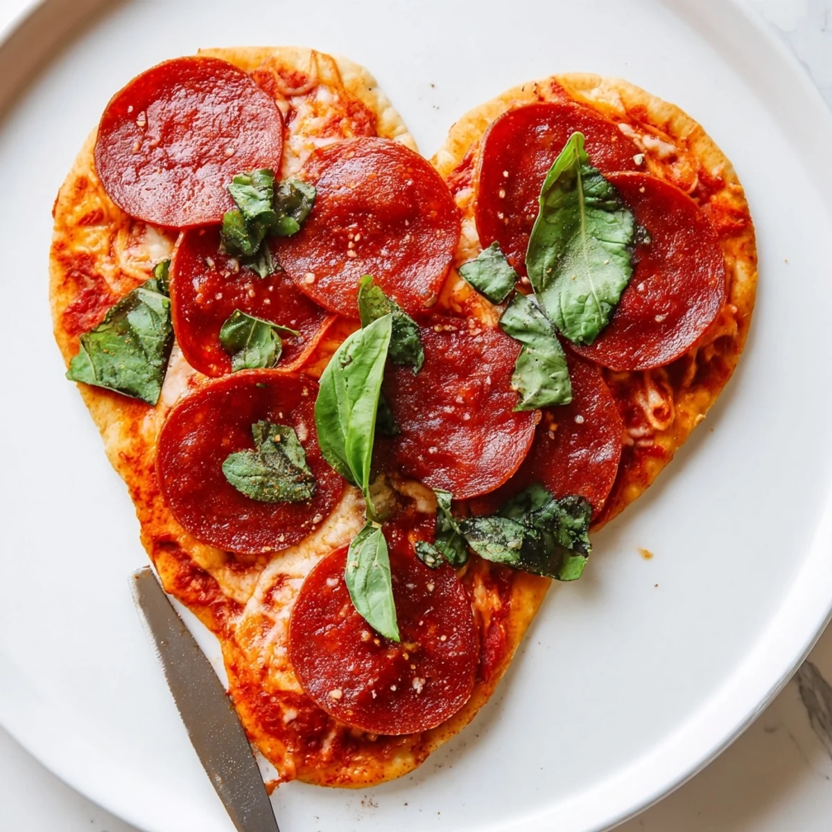 Overhead view of Heart Shaped Beef Pepperoni Pizza with Basil on a wooden board, garnished with fresh basil leaves.