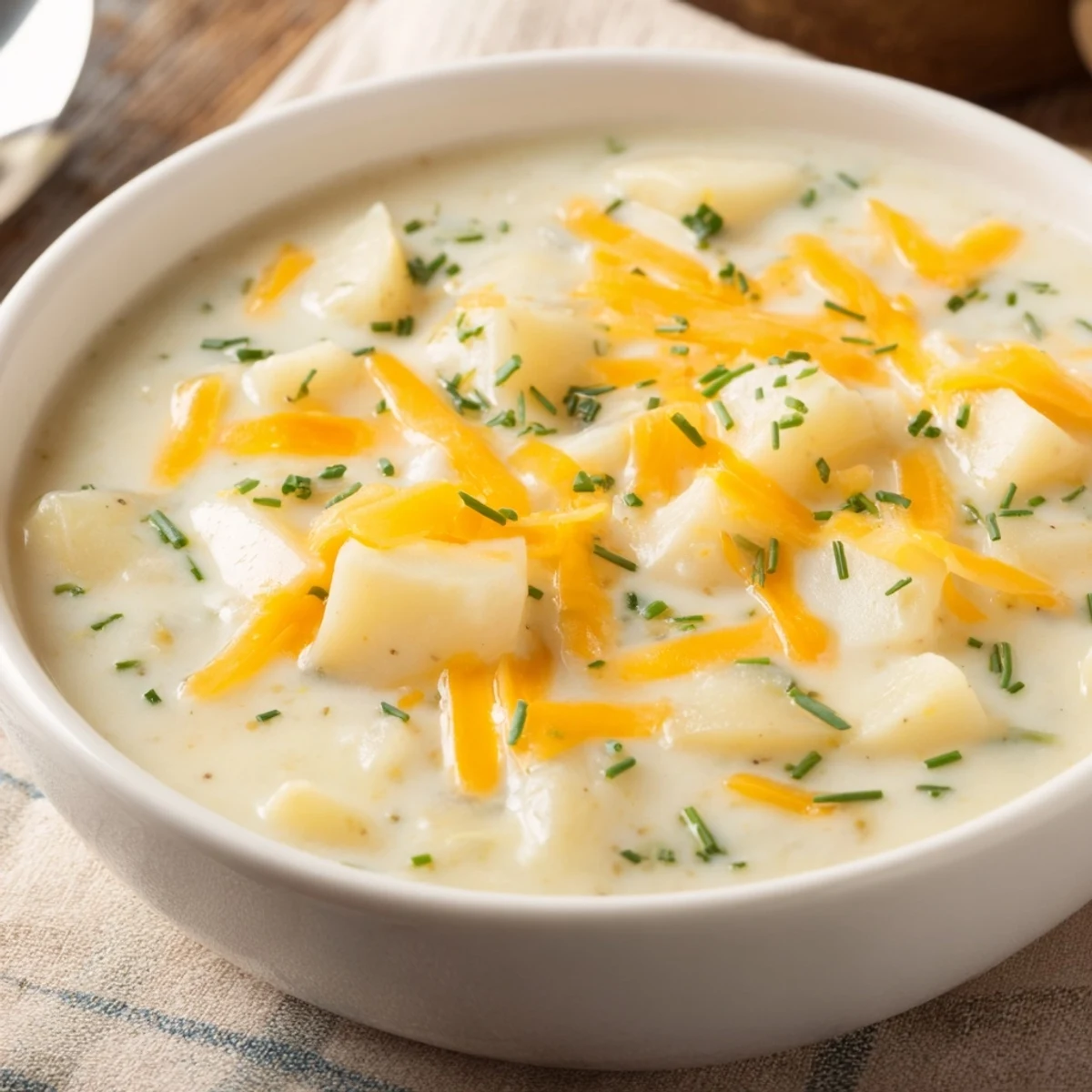 Steaming bowl of Irish Potato Soup with Cheddar and Chives garnished with fresh herbs.