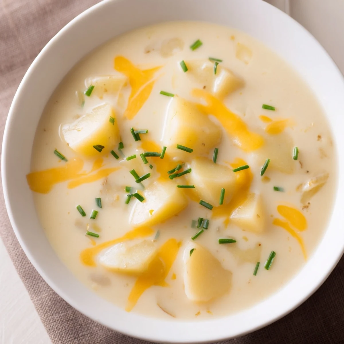 Creamy Irish Potato Soup with Cheddar and Chives served beside rustic bread for dipping.