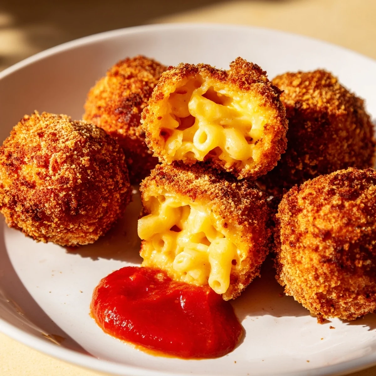 Golden Fried Macaroni and Cheese Balls with Marinara are crispy outside and creamy inside, served steaming hot on a platter.