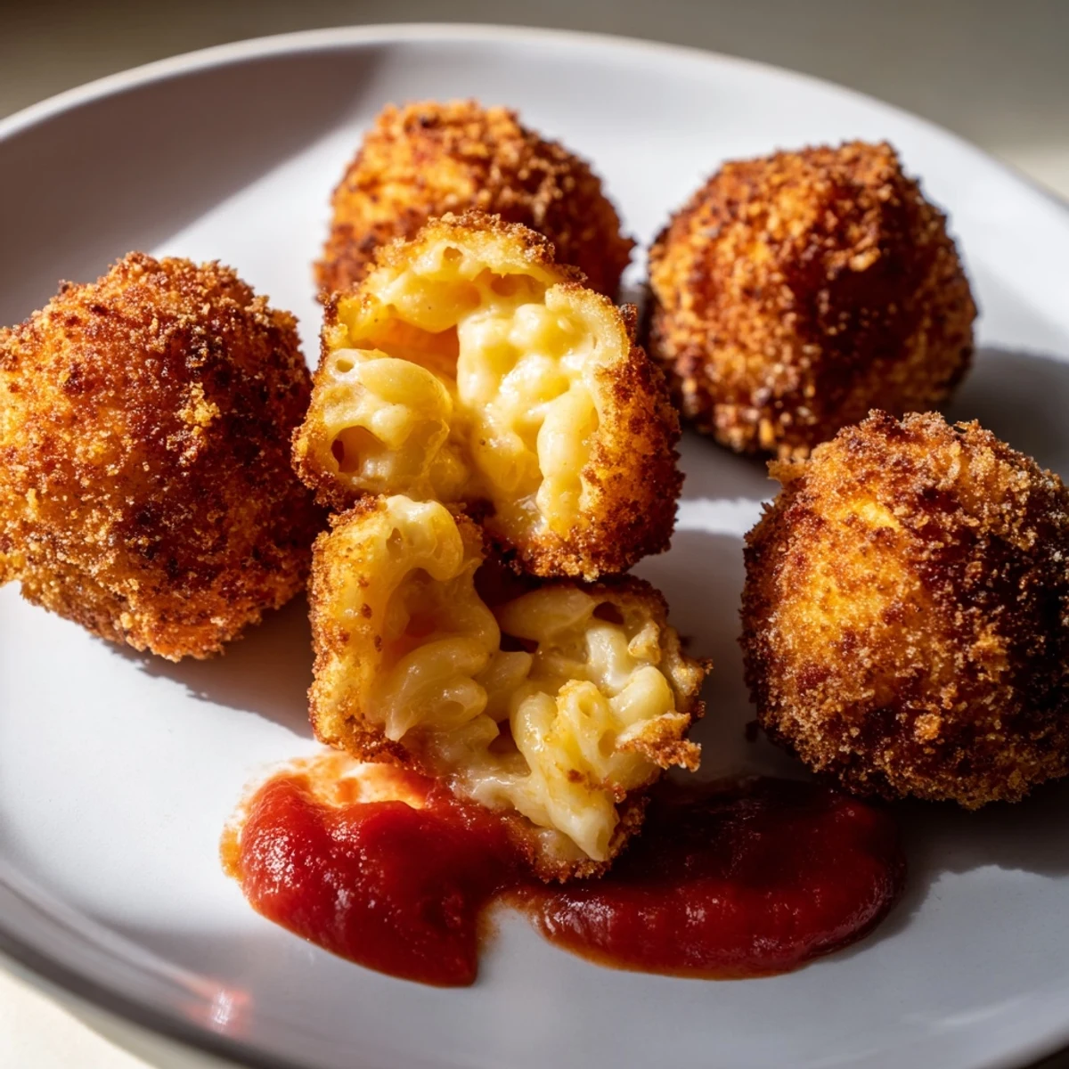 Golden Fried Macaroni and Cheese Balls with Marinara rest on parchment with fresh basil, ready for a game day snack.