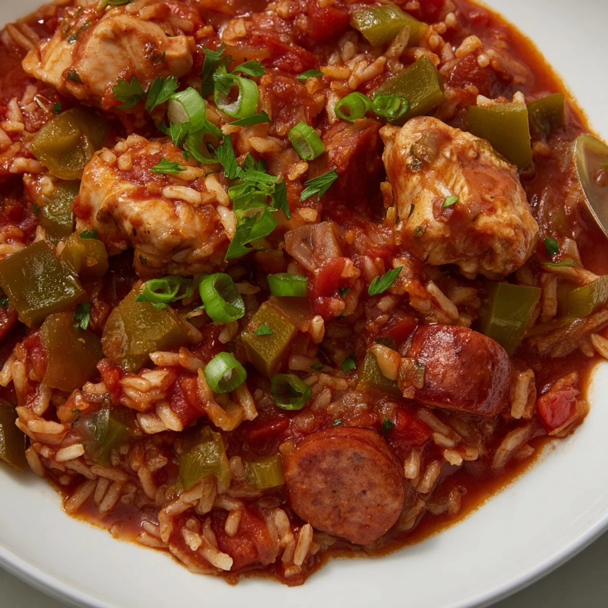 Homemade Jambalaya with Chicken and Turkey Andouille Sausage on a plate, showcasing tender meat and fluffy Creole rice ready for a family meal.