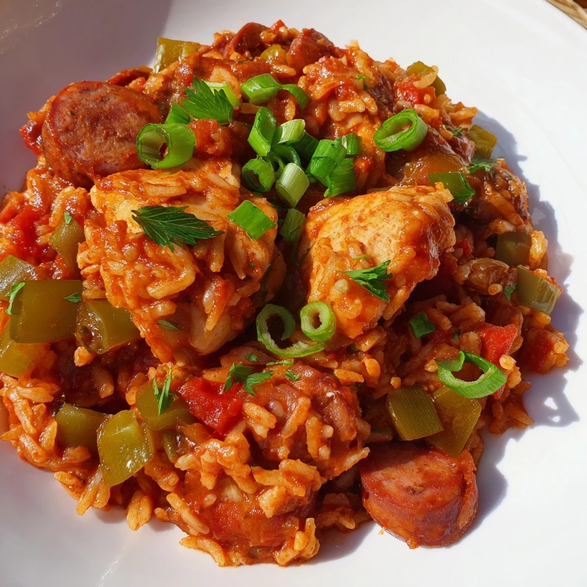 Jambalaya with Chicken and Turkey Andouille Sausage served in a bowl, garnished with fresh green onions and parsley for a vibrant finish.