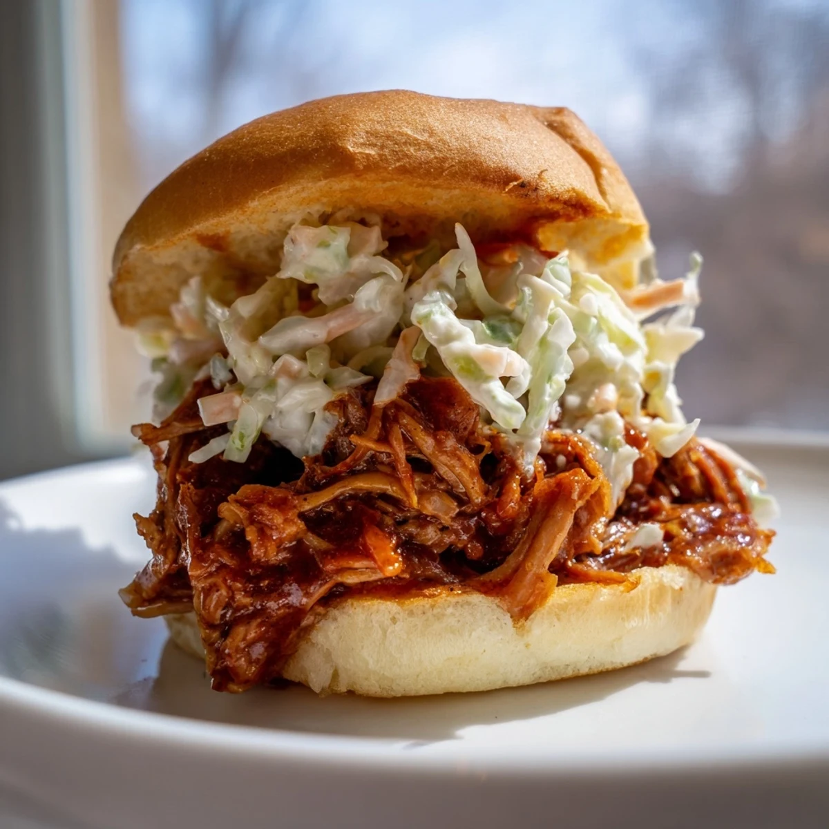 Slow Roasted Pulled Beef Sandwiches with BBQ Sauce piled high on a toasted bun with creamy coleslaw.