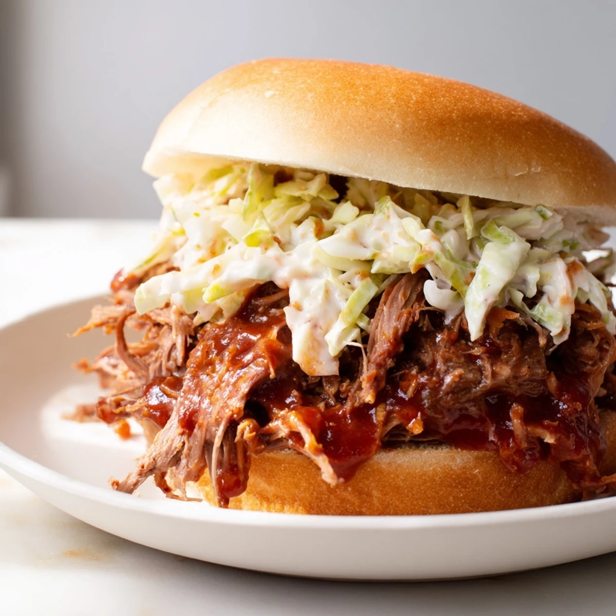 Golden toasted buns filled with tender Slow Roasted Pulled Beef Sandwiches with BBQ Sauce and pickles.