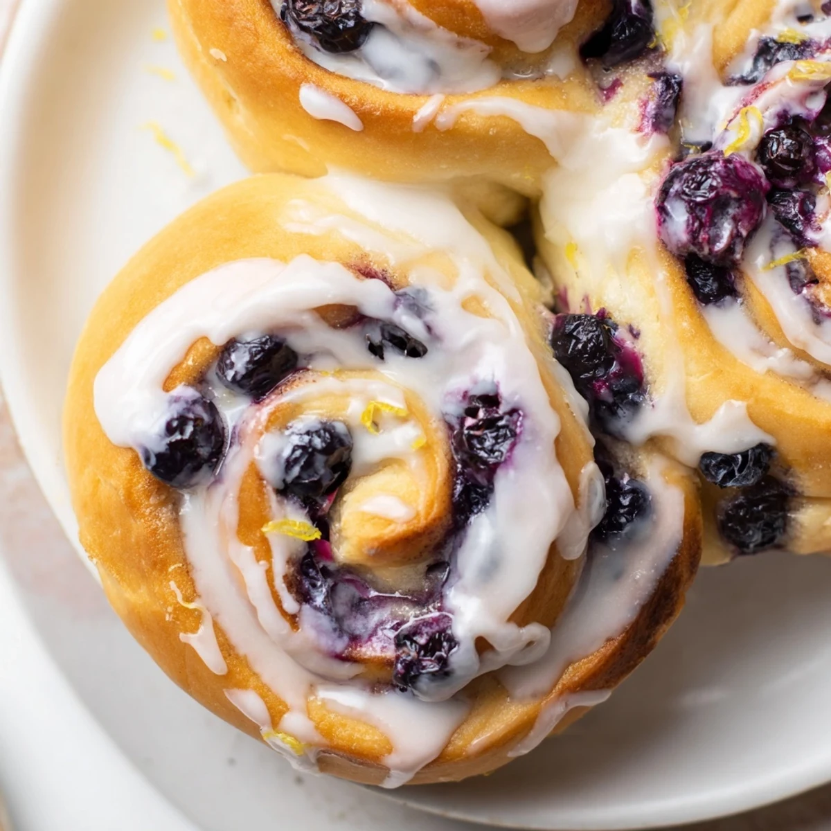 Freshly baked Lemon Blueberry Sweet Rolls with Vanilla Icing in a ceramic dish, warm and perfect for a weekend breakfast spread.