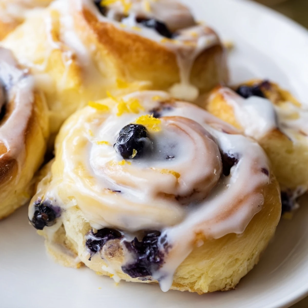 Close-up of fluffy Lemon Blueberry Sweet Rolls with Vanilla Icing revealing lemon zest and blueberries on a rustic wooden table.